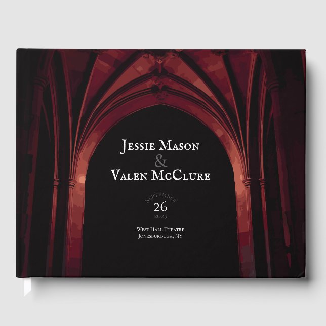 Gothic Arch Elegant Hochzeit Dunkelschwarz Rot Gästebuch (Vorderseite)