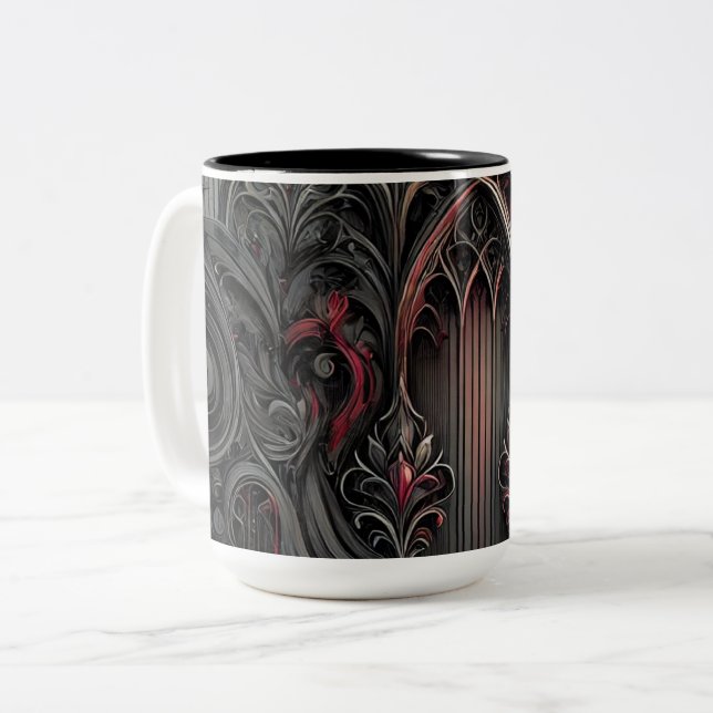 Gothic Arched Design Coffee Tasse - Black and Red  (Vorderseite Links)