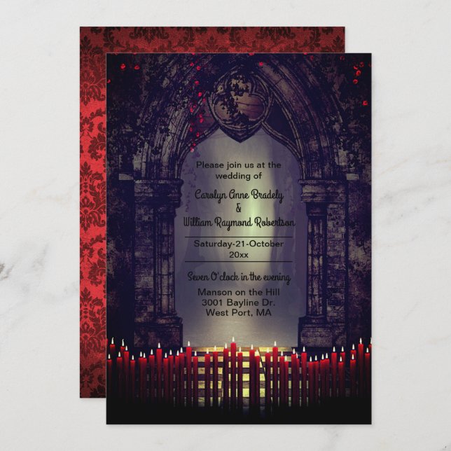 Gothic Archway mit Red Candles Wedding Einladung (Vorne/Hinten)