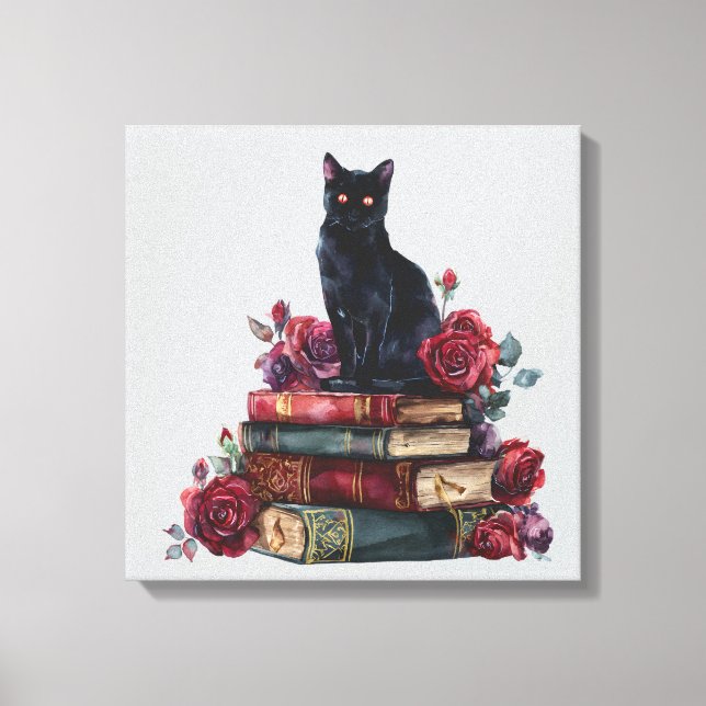 Gothic Art Black Cat Antique Bücher Crimson Rose Leinwanddruck (Vorderseite)