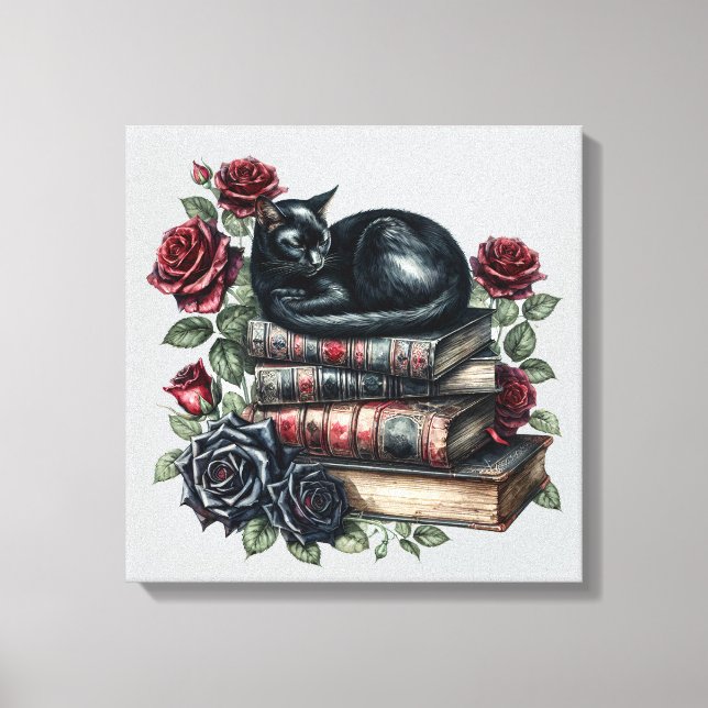Gothic Art Black Cat Antique Bücher Crimson Rose Leinwanddruck (Vorderseite)