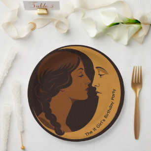 Gothic Art Deco Mädchen und Mondsichel editierbar Pappteller