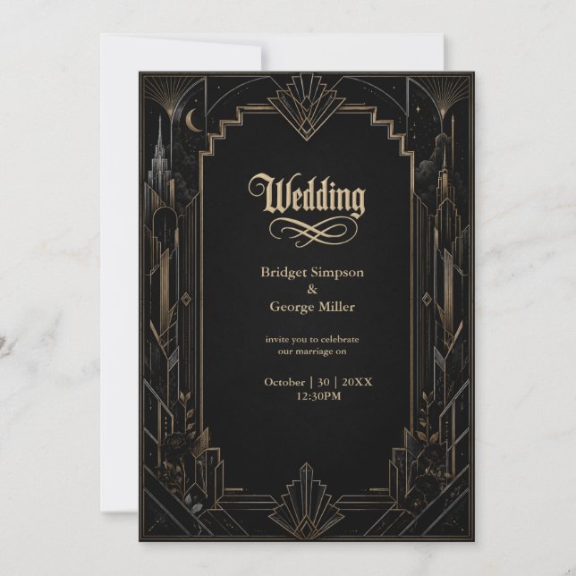 Gothic Art Deco Skyline Rose Hochzeit  Einladung (Vorderseite)