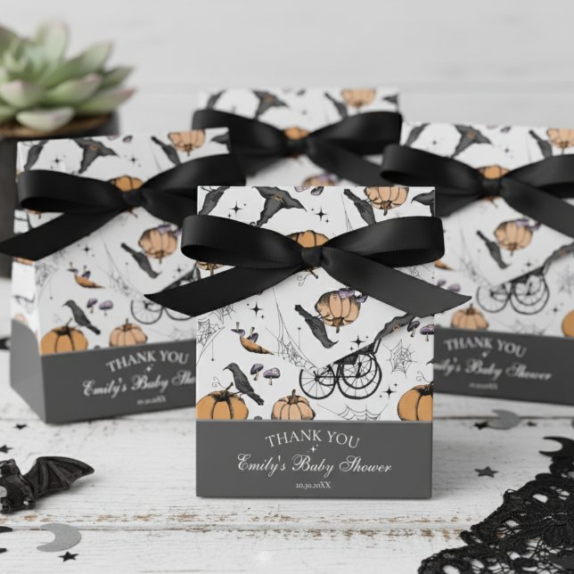 Gothic Baby Carriage Baby Shooter Vielen Dank Geschenkschachtel (Gender Neutral Gothic Gray Halloween Baby Shower Favor Boxes. Vintage Baby Carriage, Black Raven)