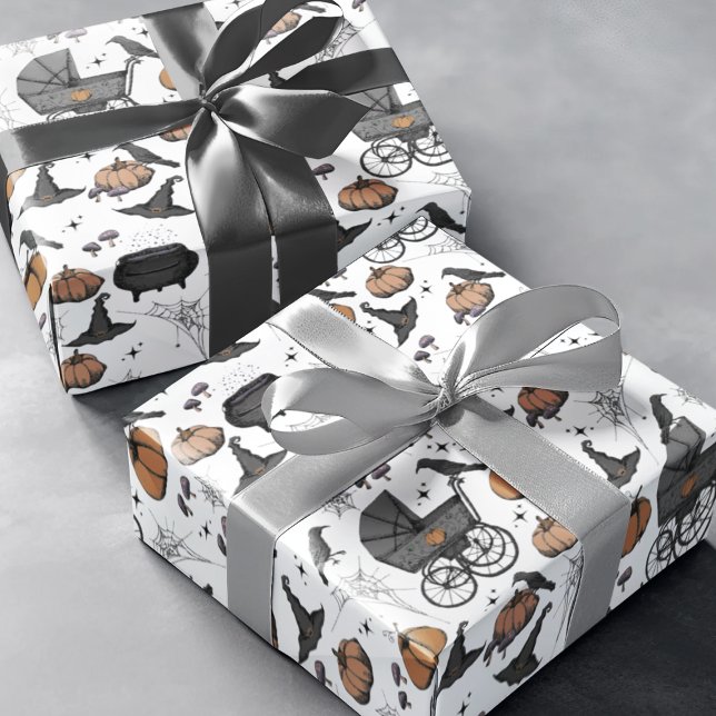 Gothic Baby Carriage Halloween Geschenkpapier (Victorian Baby Carriages, Pumpkins, Witch Hats, Crows, Spiderwebs and Tiny Mushrooms. )