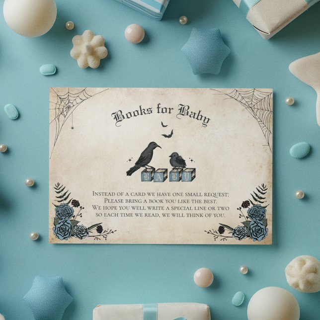 Gothic Baby Shower Black Raven Books for Baby Begleitkarte (Gothic Baby Shower Books For Baby Card. Black Raven, Blue Roses, Spiderwebs, Wooden Baby Blocks)