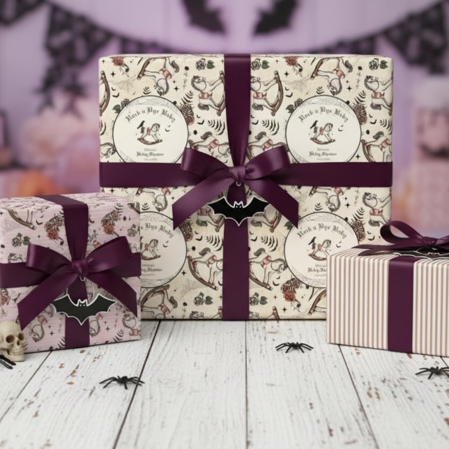 Gothic Baby Shower Pink Viktorianisch Rocking Hors Geschenkpapier Set (Gothic Rock a Bye Baby Halloween Baby Shower Pink Stripes and Spooky Vintage Rocking Horse Pattern)