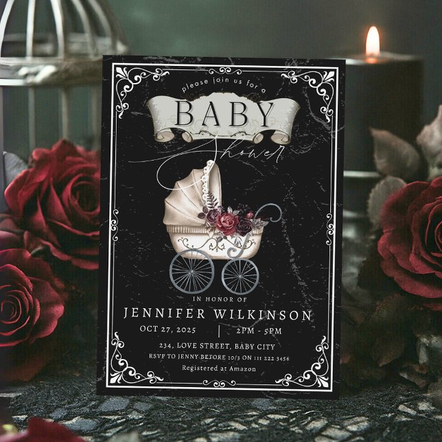 Gothic Baby Shower Vintag Stroller Halloween Einladung (Gothic Baby Shower Vintage Stroller Halloween Invitation)