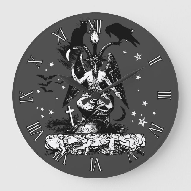 Gothic Bahomet mit Katze und Raven Große Wanduhr (Vorderseite)