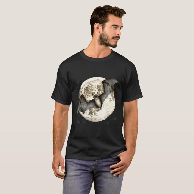 Gothic Bat Flying Before Full Moon and Stars T-Shirt (Vorne ganz)