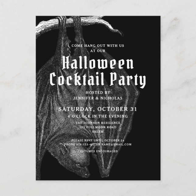 Gothic Bats Halloween Cocktail Party Einladung Postkarte (Vorderseite)