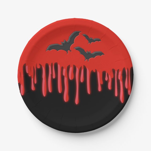 Gothic Bats & Red Dripping Blood Halloween-Party Pappteller (Vorderseite)