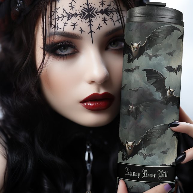 Gothic Bats Spooky Halloween Horror Vampire Thermosbecher (Go bats over this vampire flask. Personalise with your own name and get lost in the stormy flurry.)