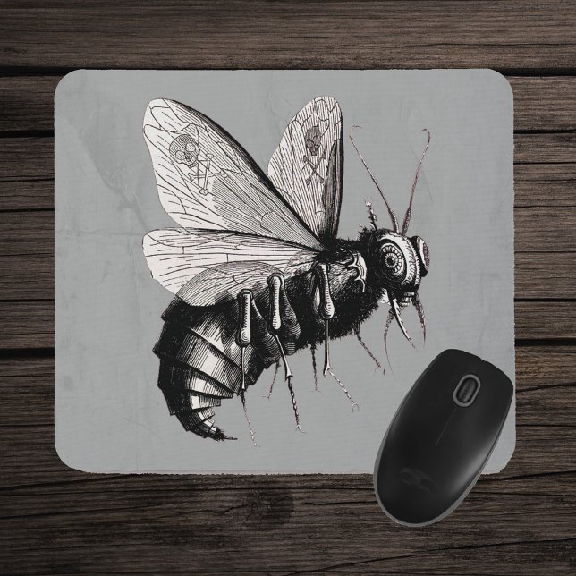 Gothic Bee Skull Wings Mousepad (Scary creepy black white bee illustration skull crossbones wings on grey mousepad.)