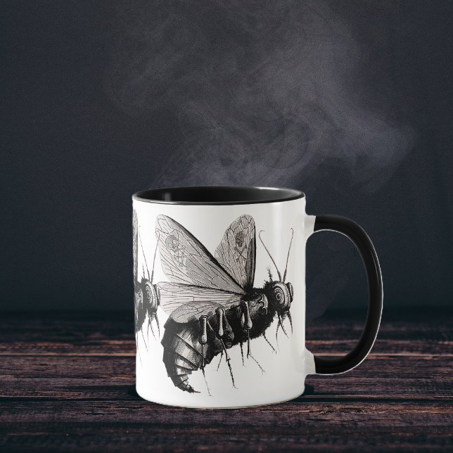 Gothic Bees Skull Wings Tasse (Big black white creepy bee with skull crossbones on wings on blck white coffee or tea mug.)