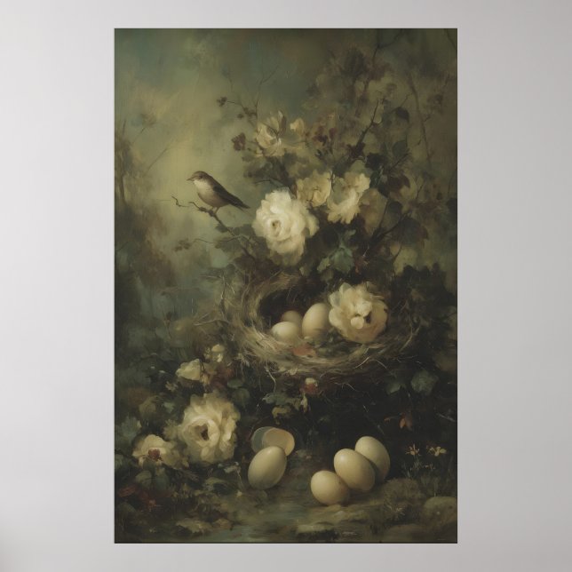Gothic Bird Nest and Roses Oil Painting, Dark Poster (Vorne)