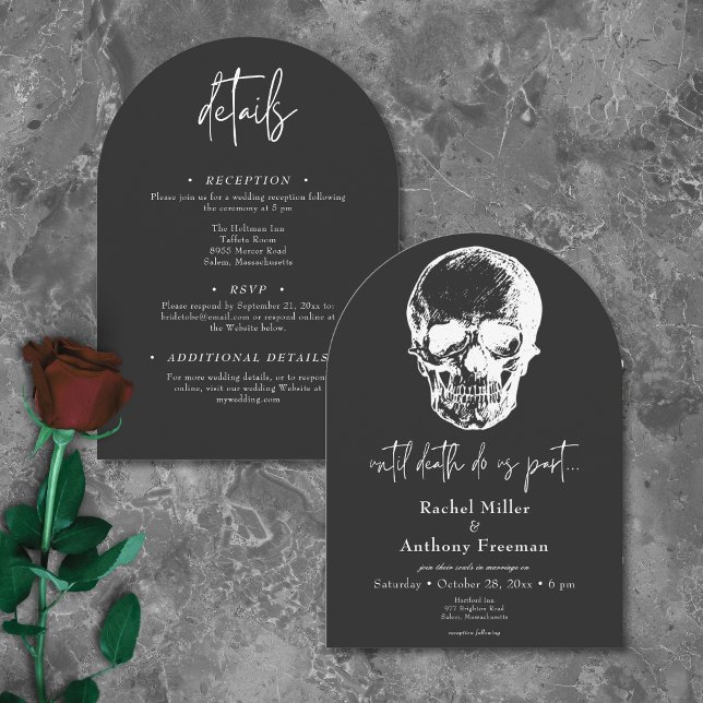Gothic bis Death Skull Arch Hochzeit zwei Seiten Einladung (Gothic Until Death Skull Arch Wedding Two Sided Invitation)