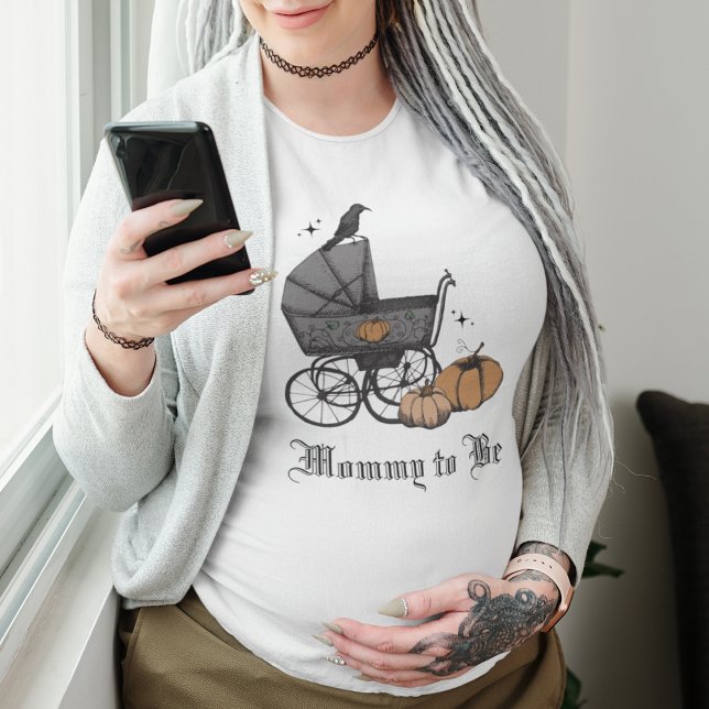 Gothic Black A Baby Brewing Fall Baby Shower Tri-Blend Shirt (Goth Mommy To Be Shirt. Gothic Baby Shower Gift. Hand Drawn Victorian Baby Carriage, Raven, Pumpkins)