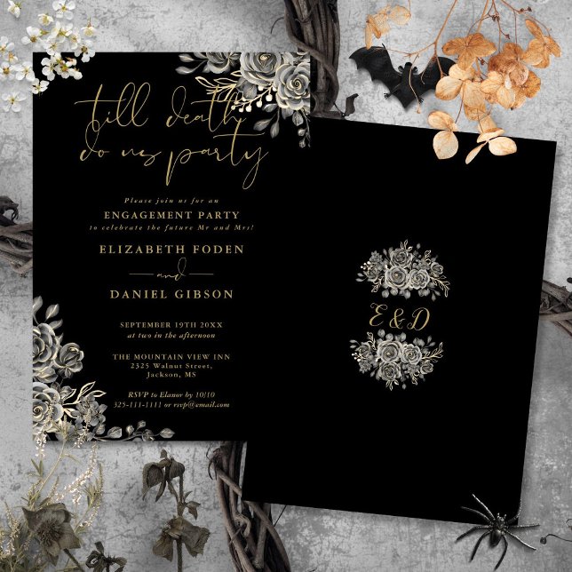 Gothic Black and Gold Engagement Party Einladung (Gothic Black And Gold Photo Engagement Party Invitation)