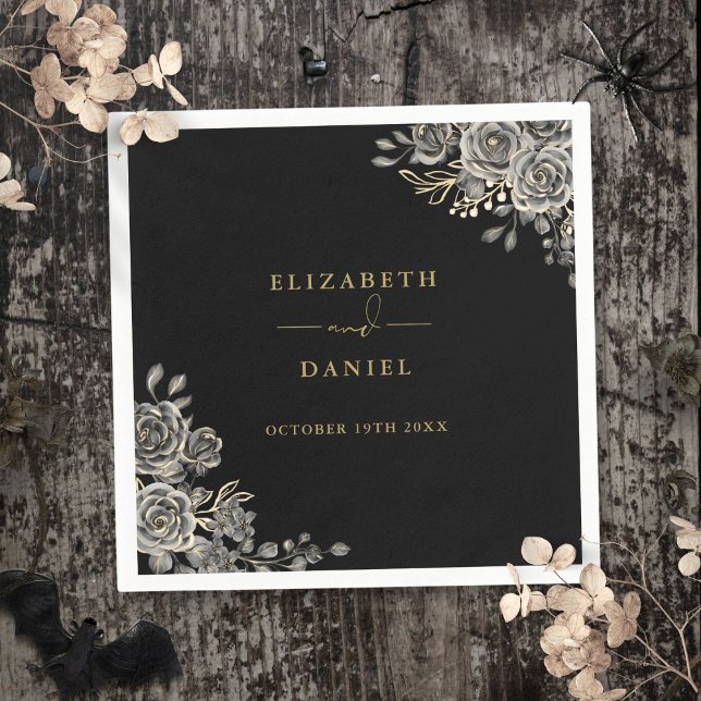 Gothic Black and Gold Rose Blumenhochzeit Serviette (Gothic Black And Gold Roses Floral Wedding Napkins)