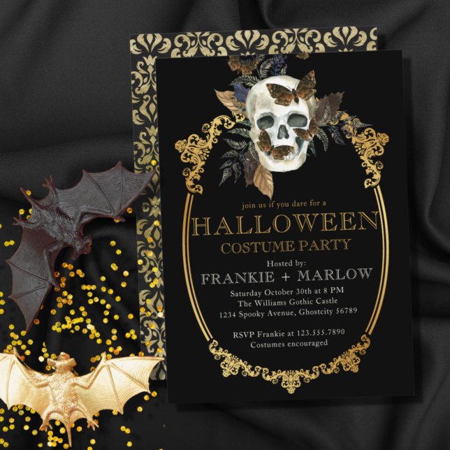 Gothic Black and Gold Skull Adult Halloween-Party Einladung (Von Creator hochgeladen)