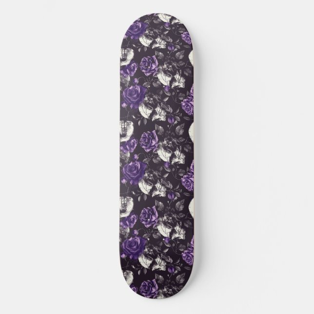 Gothic Black and Lila Skulls Rose Skateboard (Vorderseite)