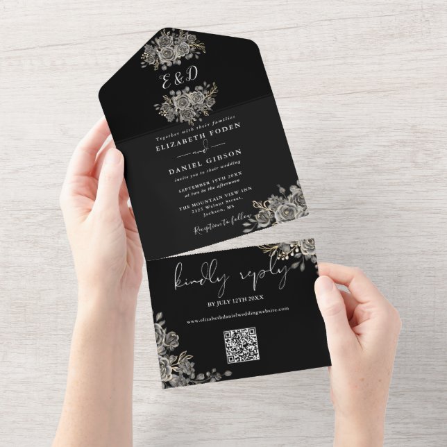 Gothic Black and White Monogram QR Code Wedding All In One Einladung (Abreißen)
