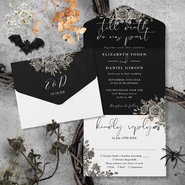 Gothic Black and White Roses Blumenhochzeit All In One Einladung (Gothic Black And White Roses Floral Wedding All In One Invitation)