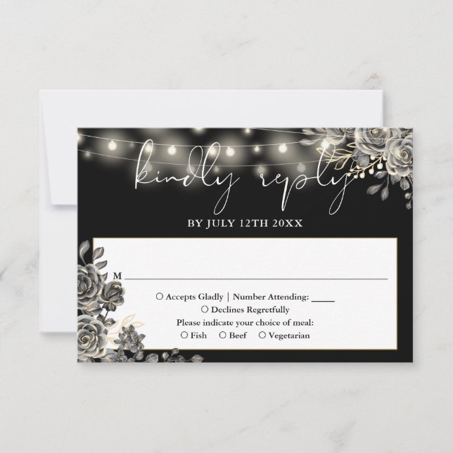 Gothic Black and White Roses String Lights Wedding RSVP Karte (Vorderseite)