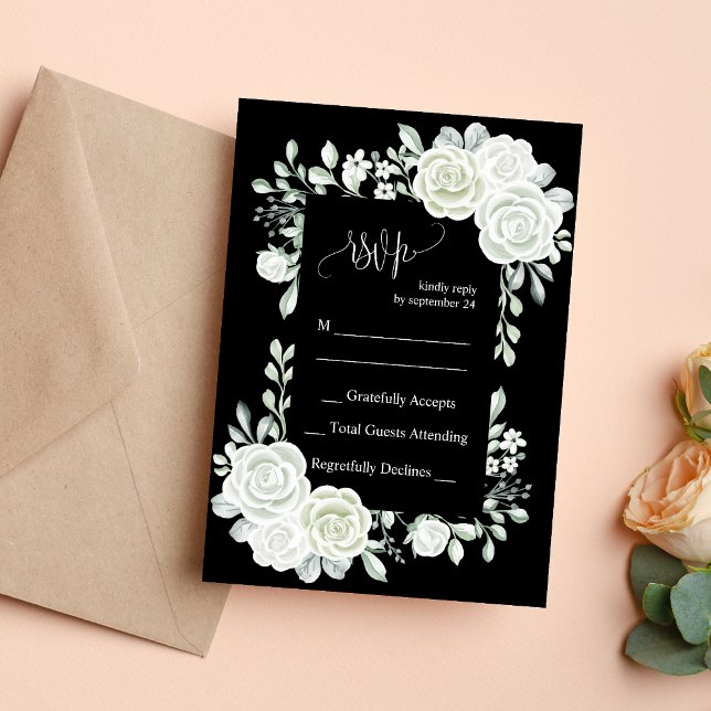Gothic Black and White Roses Wedding RSVP Card Einladung (Von Creator hochgeladen)
