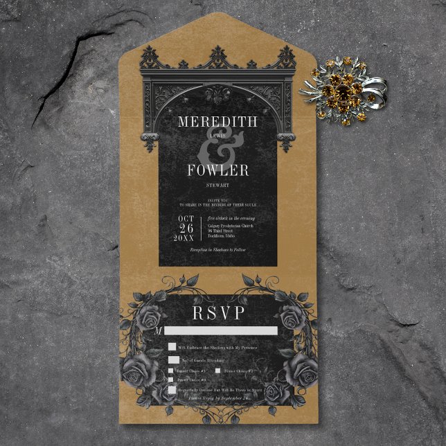 Gothic Black Arch & Black Rose Gold Drei-Gang-Tour All In One Einladung (Gothic Black Arch & Black Roses Gold Three Dinner All In One Invitation)