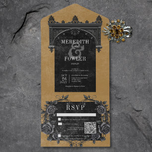 Gothic Black Arch & Black Rose Gold QR Code All In One Einladung