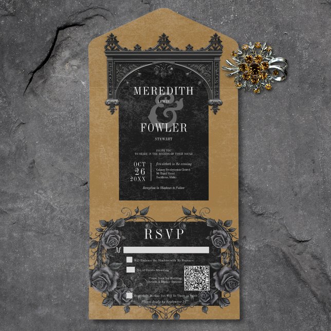 Gothic Black Arch & Black Rose Gold QR Code All In One Einladung (Gothic Black Arch & Black Roses Gold QR Code All In One Invitation)