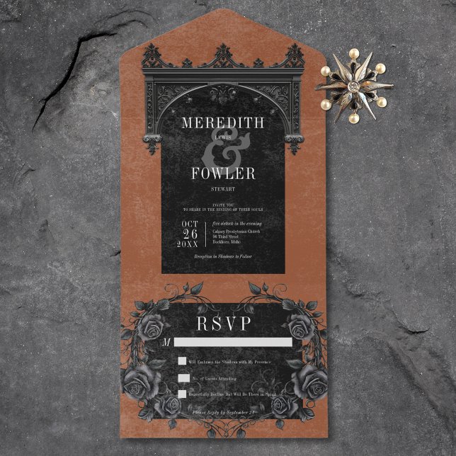 Gothic Black Arch & Black Rose Rust No Dinner All In One Einladung (Gothic Black Arch & Black Roses Rust No Dinner All In One Invitation)