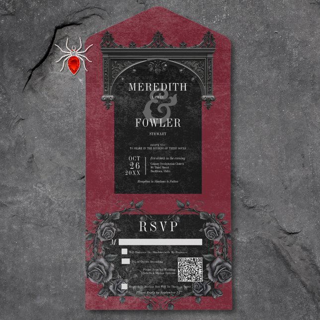 Gothic Black Arch & Black Rose Wine QR Code All In One Einladung (Gothic Black Arch & Black Roses Wine QR Code All In One Invitation)