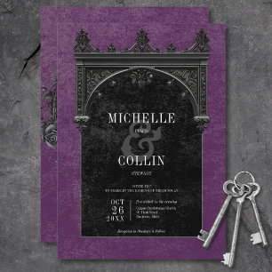 Gothic Black Arch & Black Roses Lila Hochzeit Einladung
