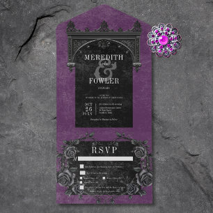 Gothic Black Arch & Black Roses Purple Dinner All In One Einladung