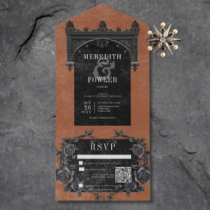Gothic Black Arch & Black Roses Rust QR-Code All In One Einladung