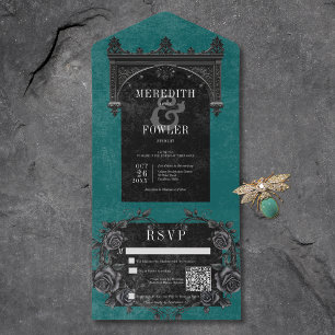 Gothic Black Arch und schwarze Rosen Teal QR Code All In One Einladung