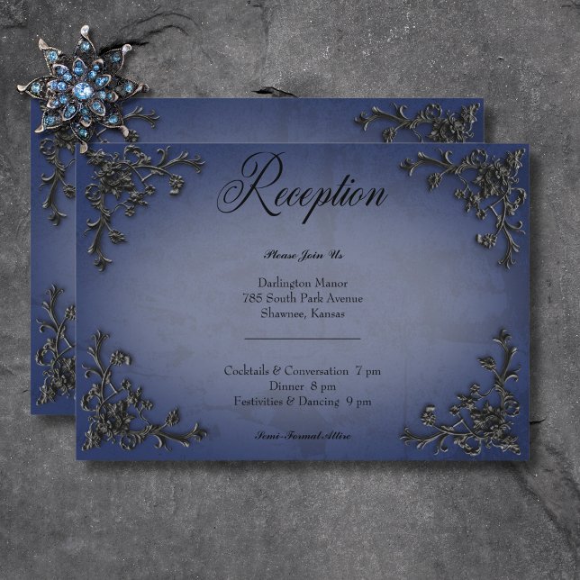 Gothic Black & Blue Filigree Herz Empfang Begleitkarte (Gothic Black & Blue Filigree Heart Reception Enclosure Card)