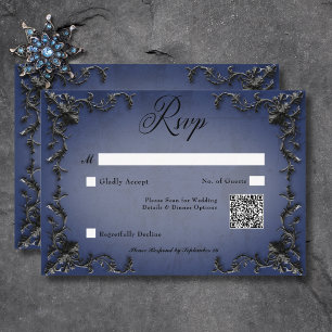 Gothic Black & Blue Filigree Herz QR Code RSVP Karte