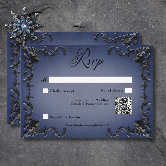Gothic Black & Blue Filigree Herz QR Code RSVP Karte (Gothic Black & Blue Filigree Heart QR Code RSVP Card)