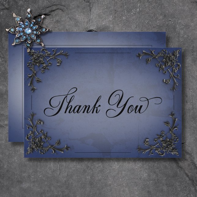 Gothic Black & Blue Filigree Herzenshochzeit Dankeskarte (Gothic Black & Blue Filigree Heart Wedding Thank You Card)