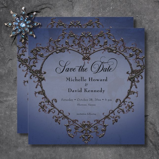 Gothic Black & Blue Filigree Herzenshochzeit Save The Date (Gothic Black & Blue Filigree Heart Wedding Save The Date)