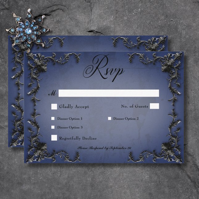 Gothic Black & Blue Filigree Herzessen RSVP Karte (Gothic Black & Blue Filigree Heart Dinner RSVP Card)