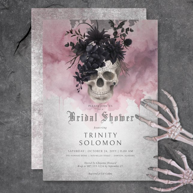 Gothic Black & Burgundy Bloral Skull Brautparty Einladung (Gothic Black & Burgundy Floral Skull Bridal Shower Invitation)