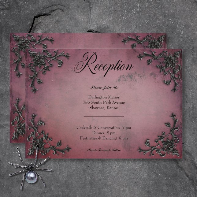 Gothic Black & Burgundy Filigree Herz Empfang Begleitkarte (Gothic Black & Burgundy Filigree Heart Reception Enclosure Card)