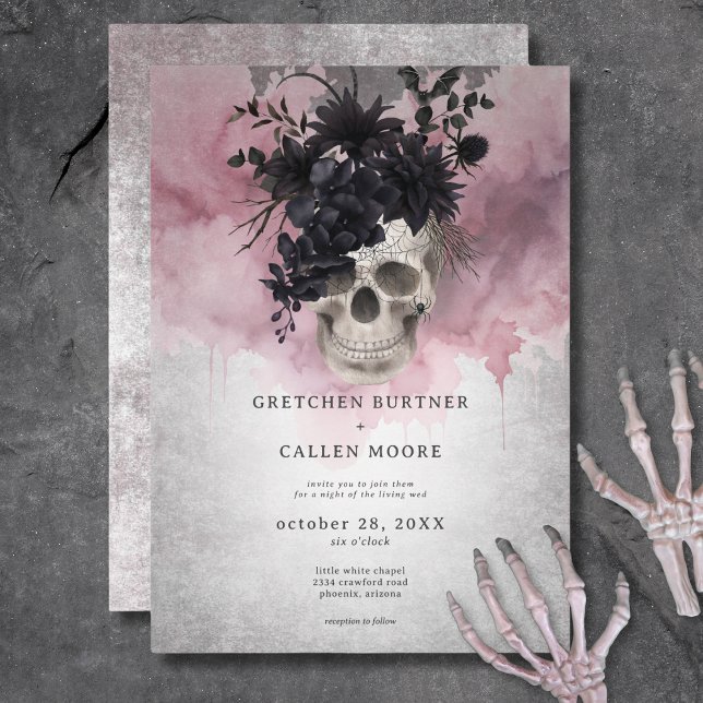 Gothic Black & Burgundy Skull Spider & Bat Wedding Einladung (Gothic Black & Burgundy Skull Spider & Bat Wedding Invitation)