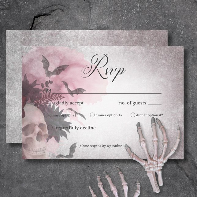 Gothic Black & Burgundy Skull & Spider Dinner RSVP Karte (Gothic Black & Burgundy Skull & Spider Dinner RSVP Card)