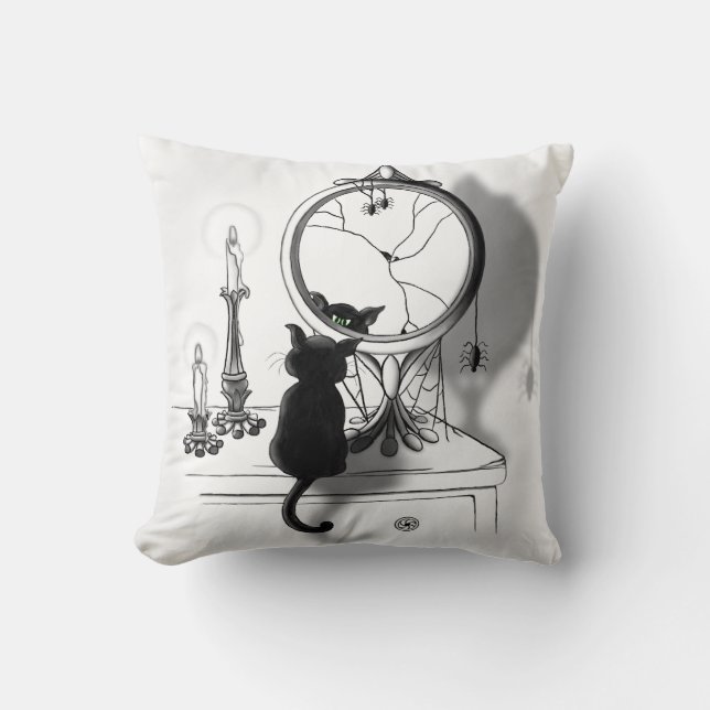 Gothic Black Cat Broken Mirror Halloween Kissen (Vorderseite)